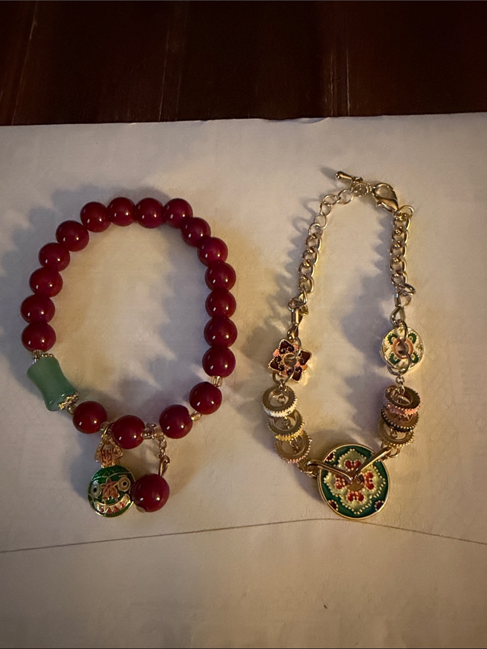Oriental Gold-Tone Red Beaded Charm Bracelet with Green Enamel Accents
